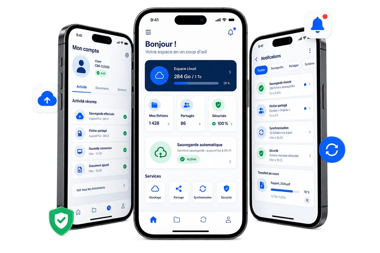 Trois écrans d’une même application mobile : accueil, compte et notifications