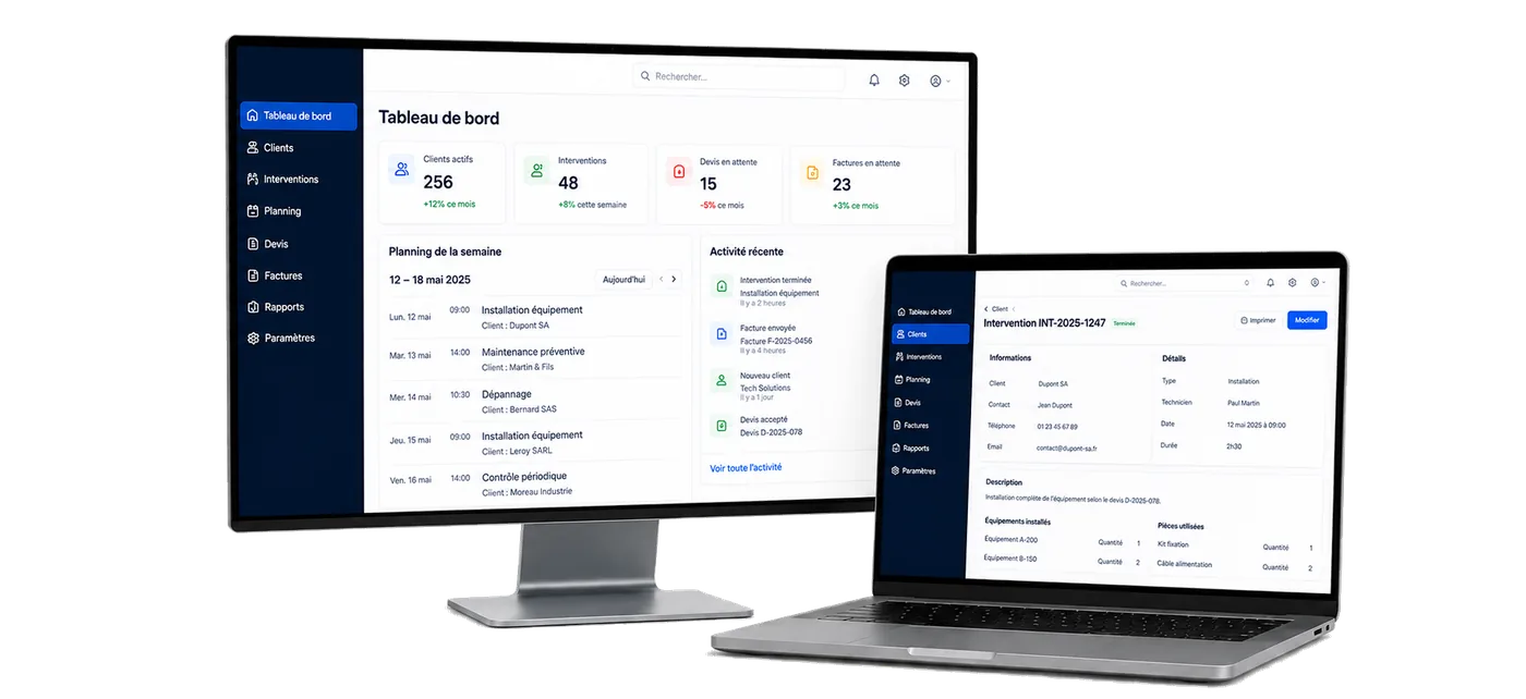Logiciel de gestion affiché sur un écran de bureau et un ordinateur portable
