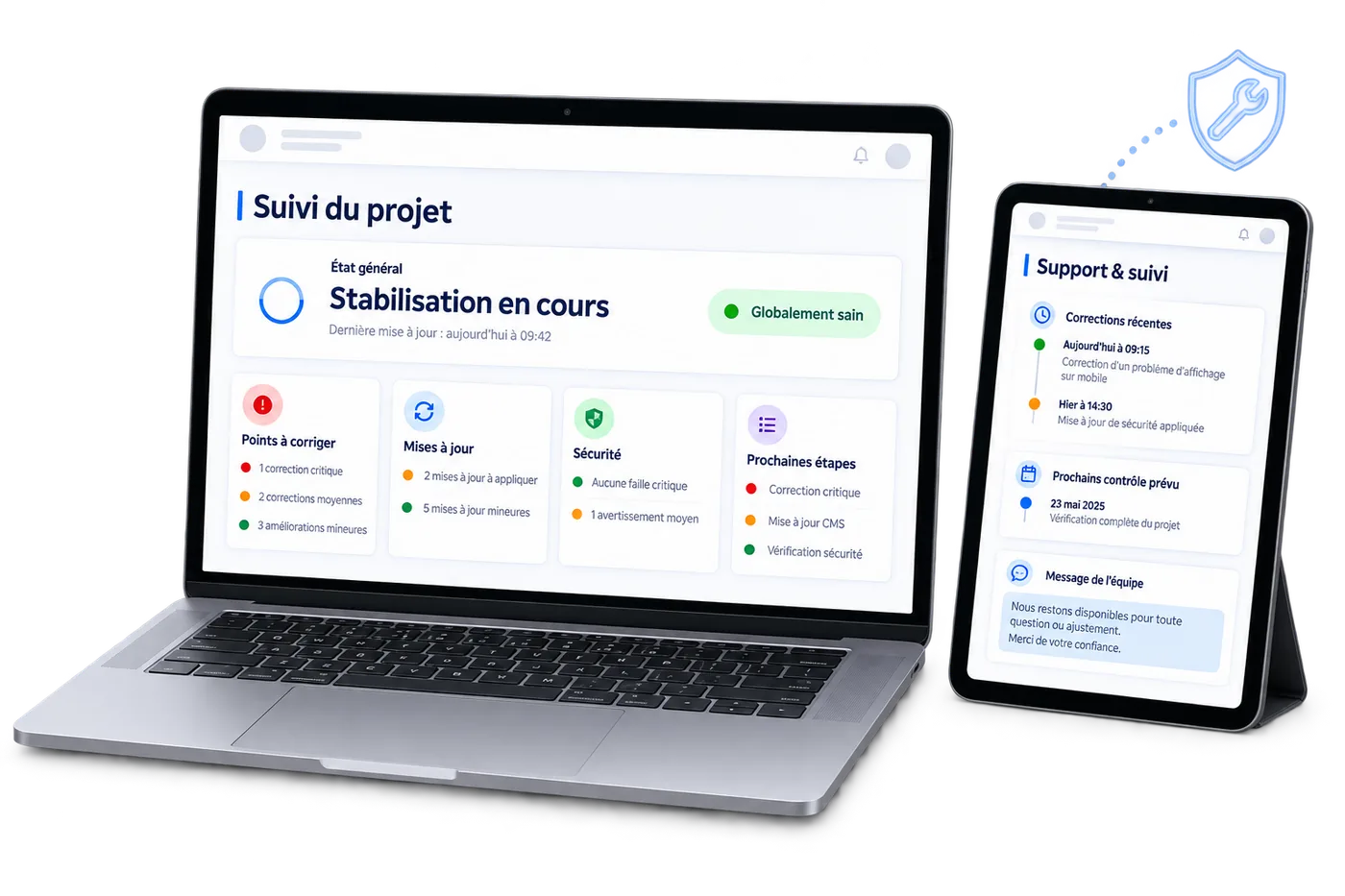 Suivi de projet et support affichés sur un ordinateur portable et une tablette