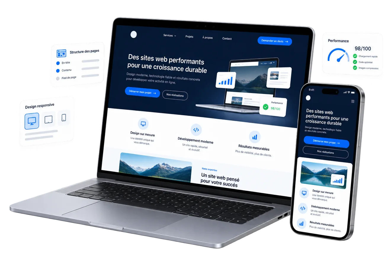 Un site professionnel affiché sur ordinateur portable et sur téléphone
